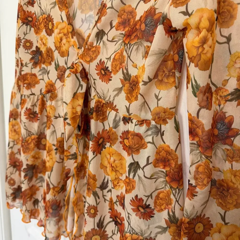 Floral Print V Neck Long Sleeve Bow Tie Front Sheer Blouse Top